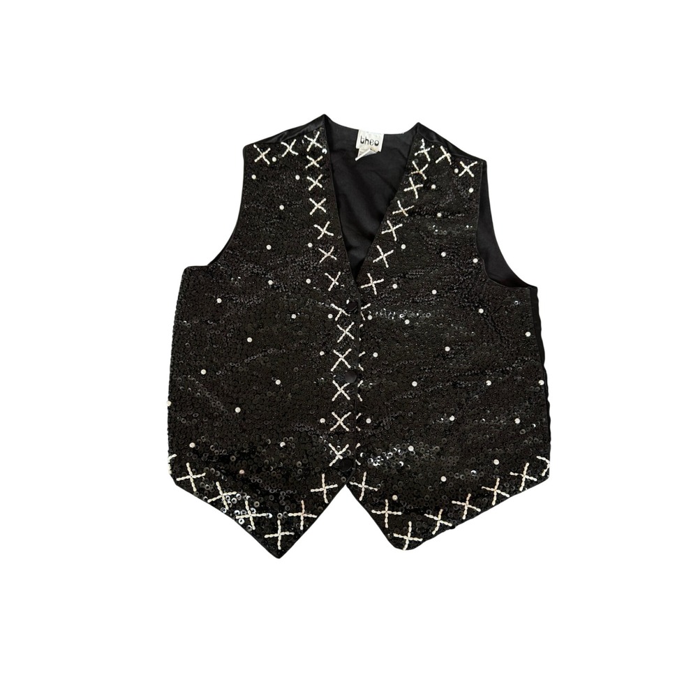 Theo Vintage Black Sequin Vest Faux Pearl Beaded Cross Stitch V-Neck S